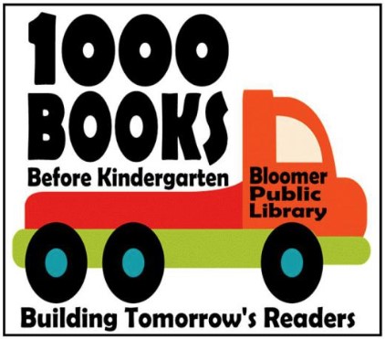 1000 Books Before Kindergarten in flatbed of an orange and green colored truck. Bloomer Public Library is Building Tomorrow's Readers today. 