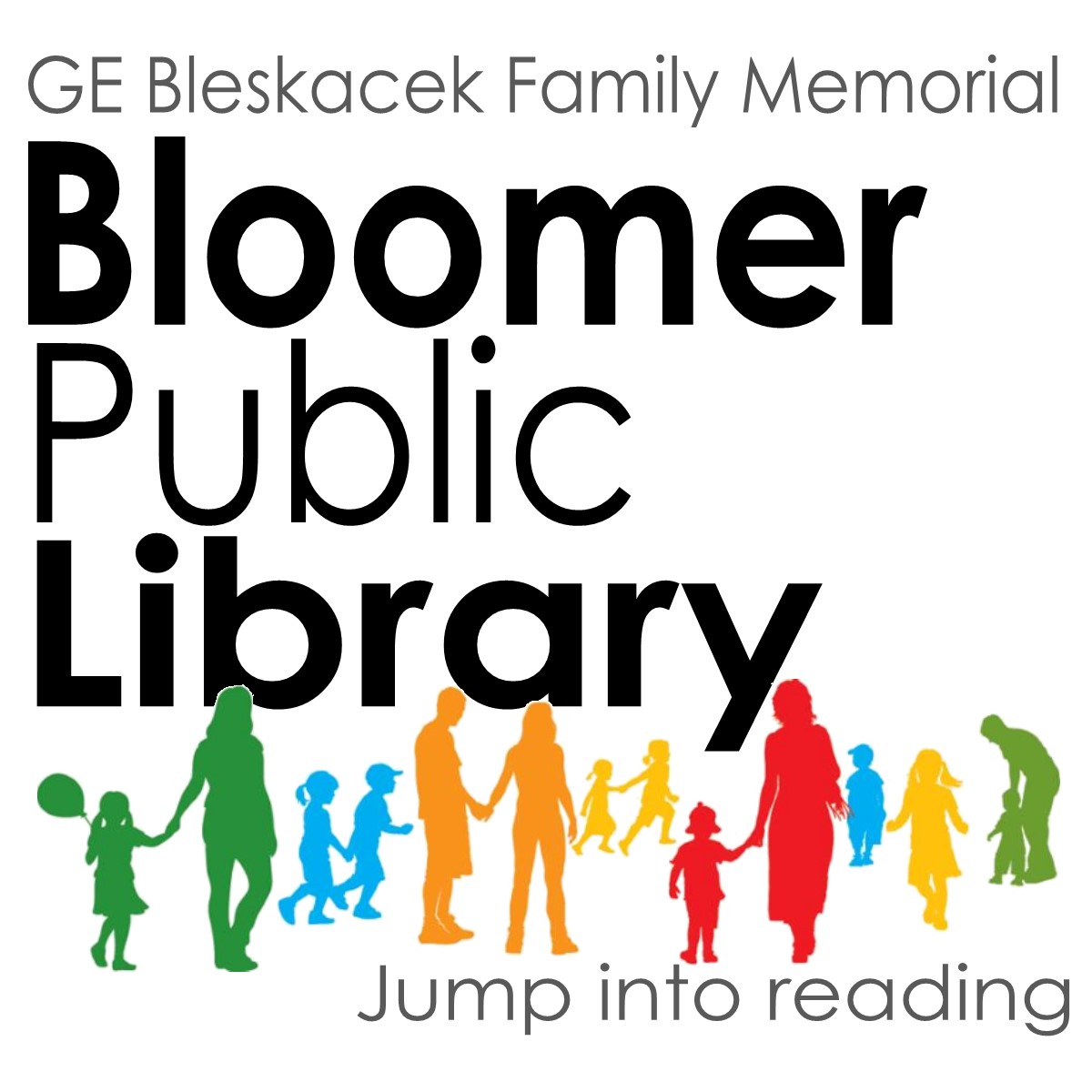 GE Bleskacek Family Memorial Bloomer Public Library logo features silhouettes of various people walking. tagline Jump Into Reading.