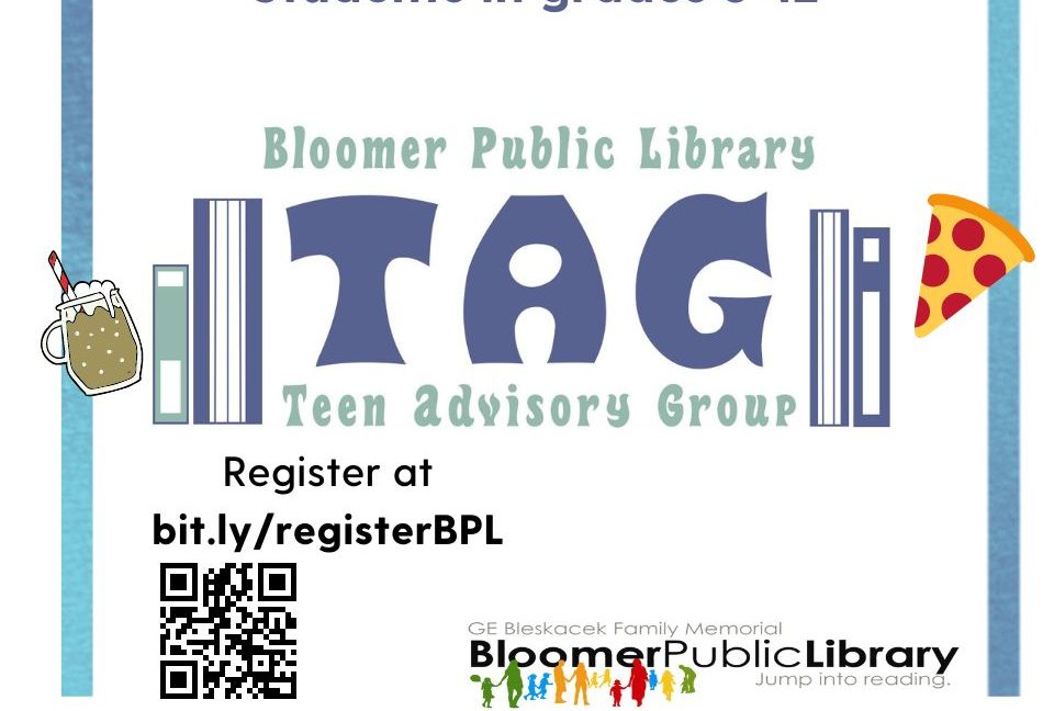 TAG Logo students age 11-17 are invited to the Bloomer Public Library. Click link to register for programs in a new page.