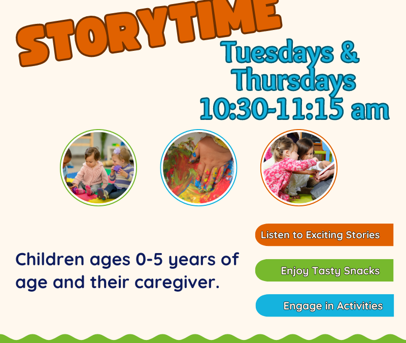 Morning Storytime 10:30 to 11: 15 am on Tuesday and Thursdays fall of 2024 for ages 0 to 5 years