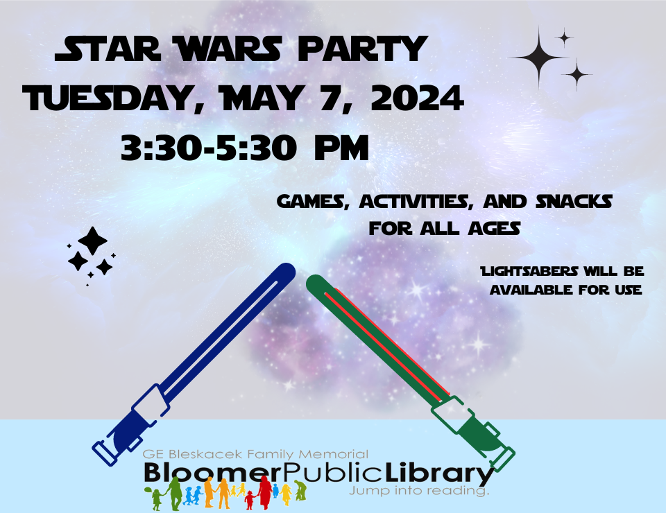 Star Wars Party at the Library on MAy 7, 2024 from 3:30 - 5:00 pm.