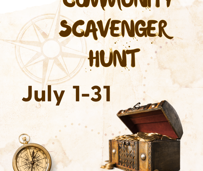 Bloomer Community Scavenger Hunt July 1-31, 2024, with compass and treasure chest
