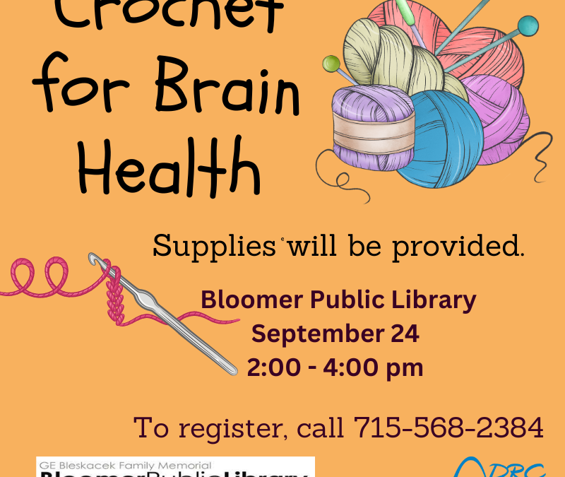 Crochet for Brain Health Informational meeting on September 24, 2024, from 2 to 4 pm.