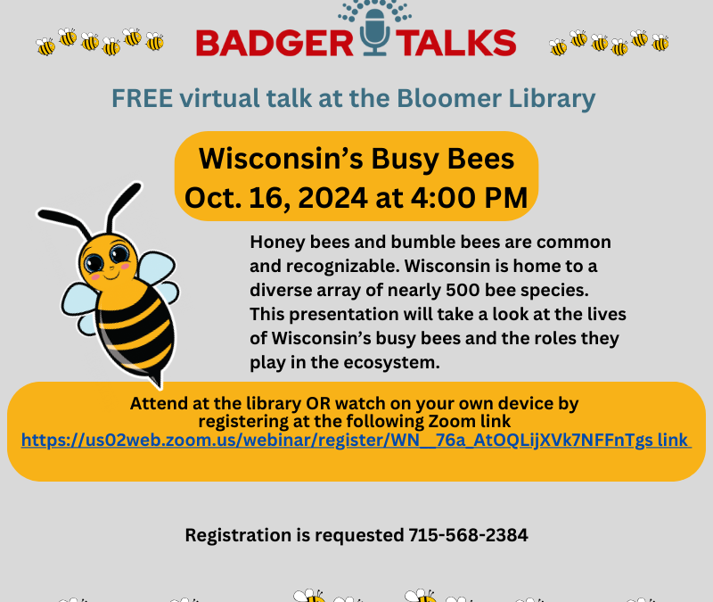 Badger Talks Busy Bees at the Bloomer Library on October 16, 2024, at 4:00 p.m. This program will examine the lives of Wisconsin's bee population. various cartoon drawings of cute bees are scattered throughout,