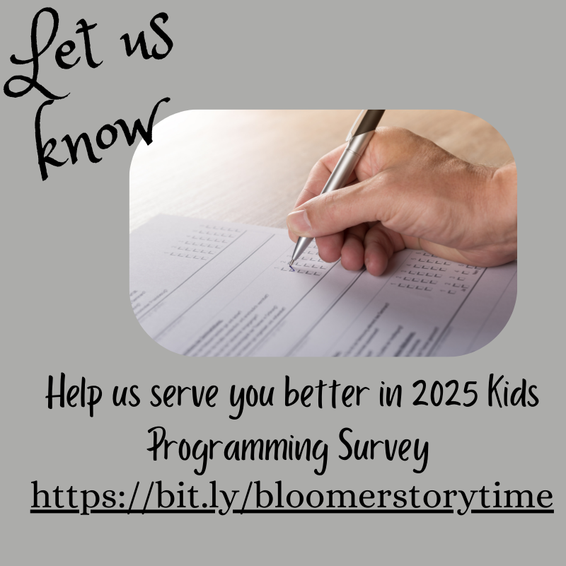 Survey program request for 2025 Kids Programming at the Bloomer Public Library. The survey link is https://bit.ly/bloomerstorytime