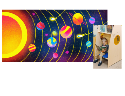 Colorful solar system with inset picture of child reading in the library's reading rocket nook
