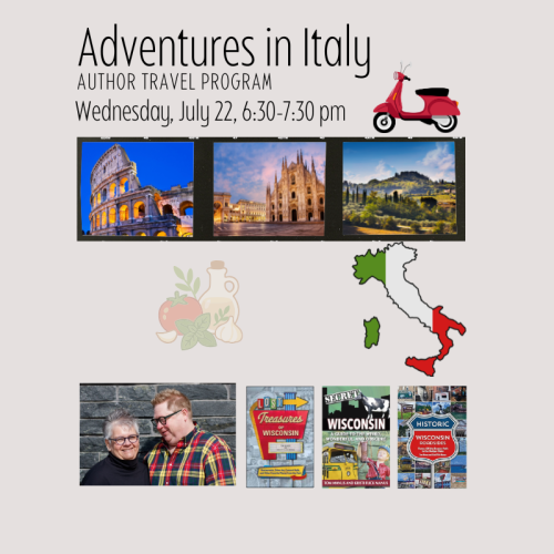 Adventures in Italy book talk July 22 at 6:30 pm